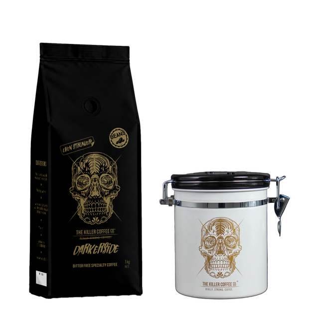 Darkerside coffee bag beside a Killer coffee storage tin